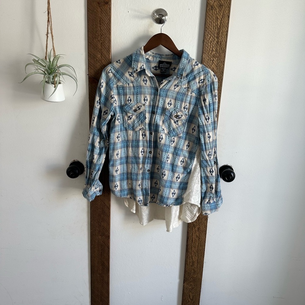 VTG 90s Angie Women S Southwestern Button Up Top Lace Peplum Blue Plaid Boho - Picture 4 of 15